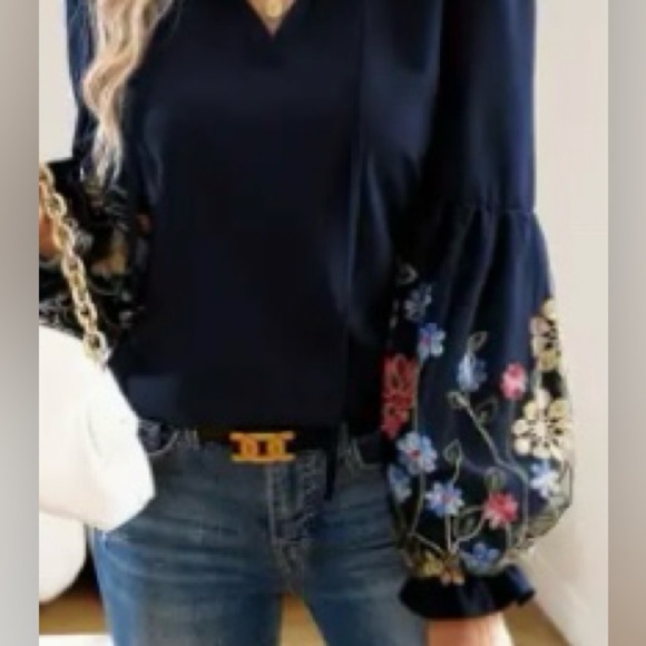 Floral Embroidered Navy Blue Women's Top - Picture 3 of 7